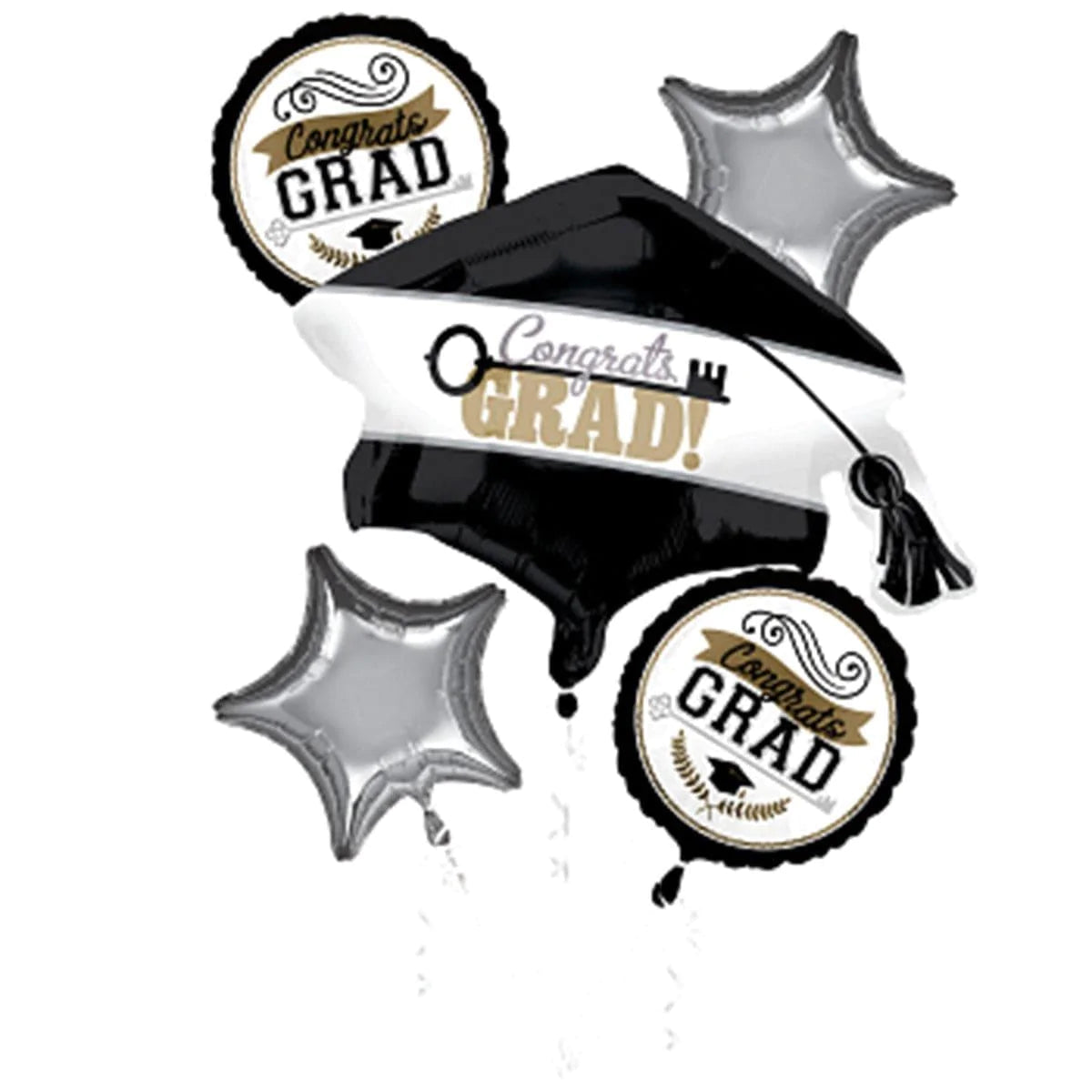 Graduation "Congrats Grad!" Balloon Bouquet, Black and Silver, 5 Count, Helium Inflation not Included