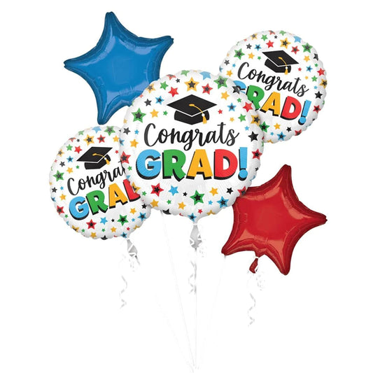 Graduation "Congrats Grad!" Foil Balloon Bouquet, Stars, 5 Count, Helium Inflation not Included